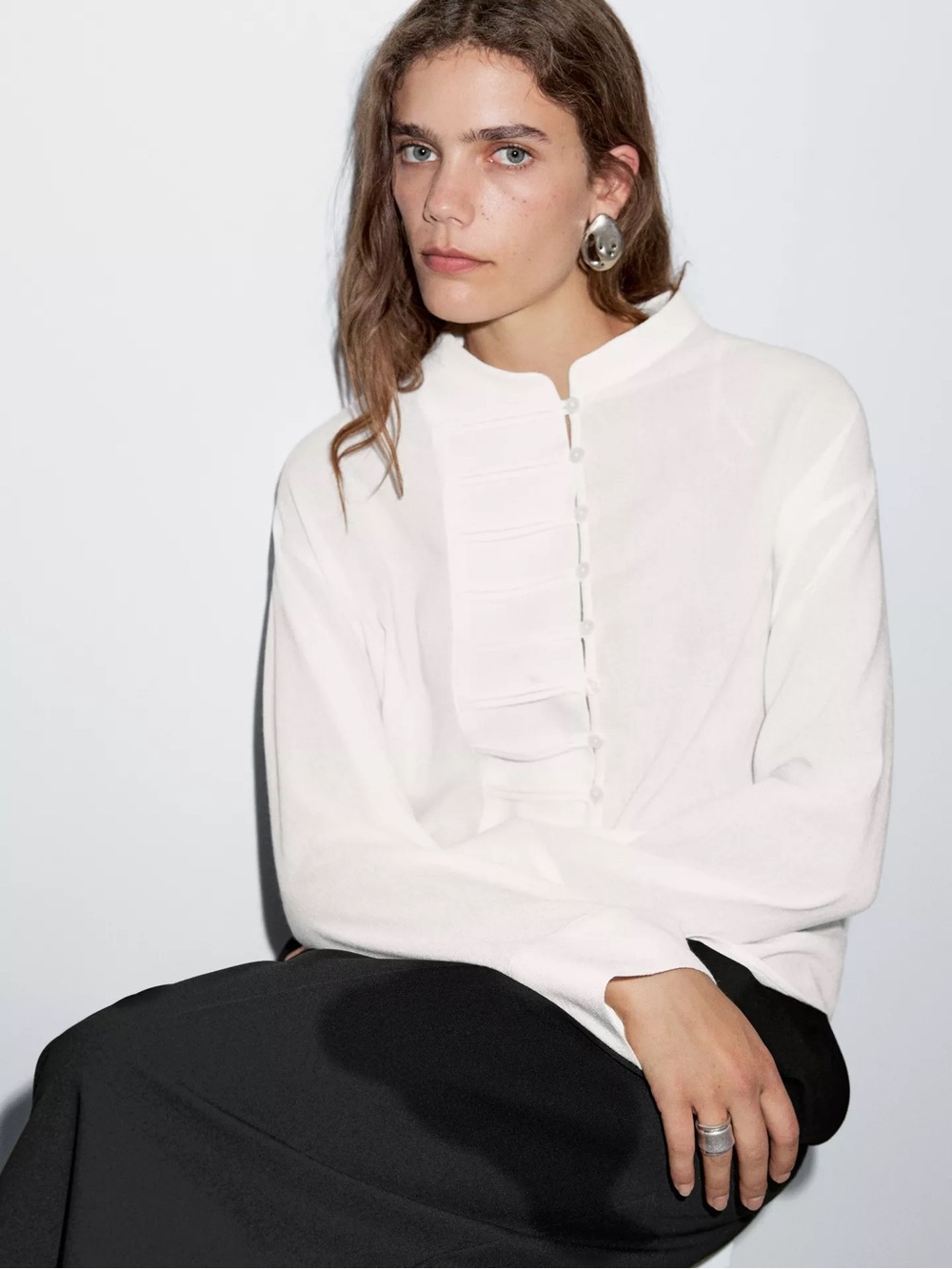 Massimo Dutti White Ruffle-Front Long-Sleeve Blouse